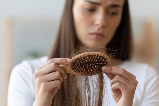 Young woman examining hair loss on brush after combing, concept of thinning hair, shedding, scalp health, stress and female hair care problems