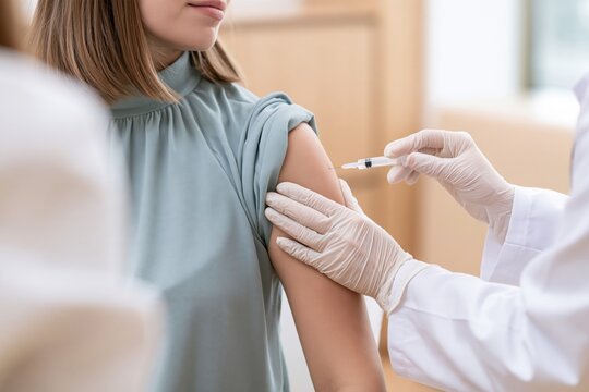 Young woman receiving vaccine injection in upper arm from healthcare professional, concept of vaccination, immunization, preventive healthcare and patient care