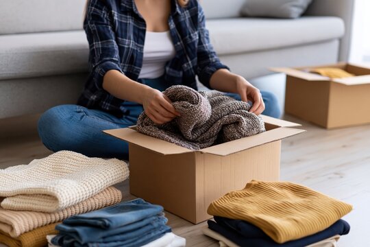 Woman packing clothes into cardboard boxes for charity donation at home, concept of decluttering, giving used clothing, community support and sustainable reuse