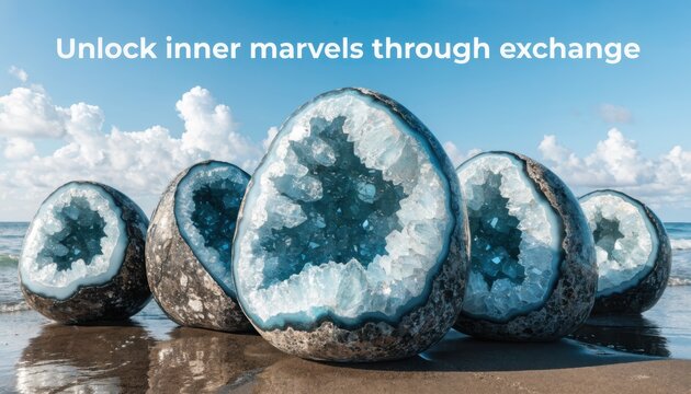 Row of five large polished egg-shaped geode stones split open to reveal sparkling blue quartz crystals on a wet sandy beach coastline under a bright blue sky with clouds.