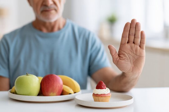 Senior man refusing high cholesterol dessert while choosing fresh fruit, concept of heart healthy diet, cholesterol control, healthy eating and nutrition