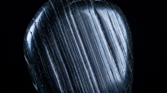 Polished black obsidian stone with natural white streaks and smooth shiny surface isolated on a solid dark background highlighting mineral geological textures for academic study purposes