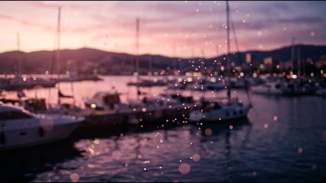 drifting rose light dots with blush twilight harbor blur background, cinematic visual effect for elegant light and celebration