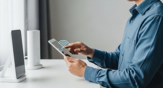 Person's Hands Operating a Tablet Device Showing Wireless Network Signal Indicators on a Table