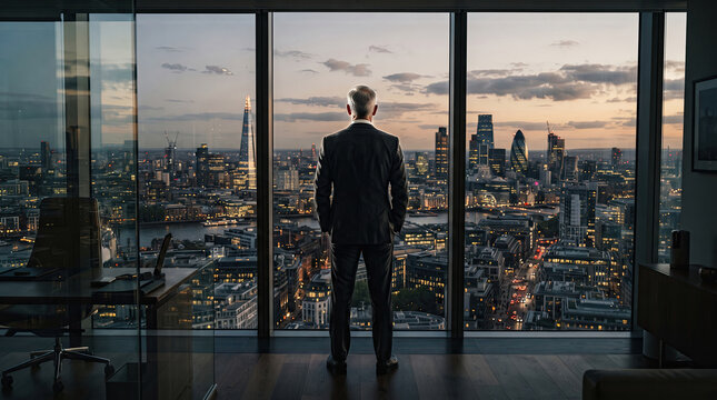 Businessman standing by office window overlooking a modern city skyline at sunset, leadership and business concept