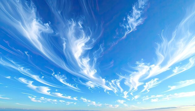 Wispy cirrus clouds paint the bright blue sky with delicate strokes.