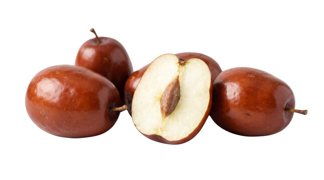 Fresh jujube fruit group with cross section, ripe red dates on white background, organic chinese date with seed, healthy raw snack ingredients
