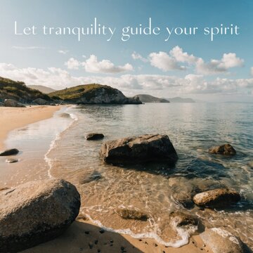 Calm beach landscape with large rocks in clear water, sandy shore, green hills under a blue sky with clouds and text overlay reading Let tranquility guide your spirit.