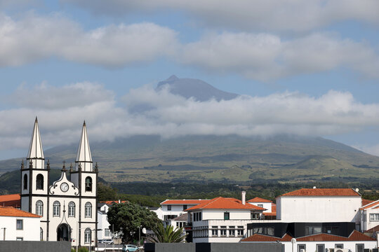 View of Mount Pico with the municipality of Madalena in the foreground, Pico, Azores, Portugal 