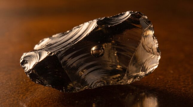 Obsidian stone sample displaying glossy dark texture and conchoidal fracture patterns on a dark surface showcasing volcanic glass formation geological mineral specimen macro close