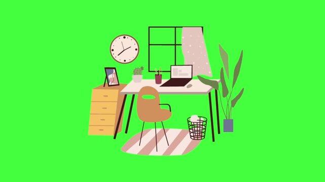 Flat vector animated home office interior with a wooden desk, computer, chair, rug, tall potted plant, and floor lamp on a green screen background