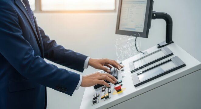 Professional Operator Using Control Panel with Computer Monitor in Industrial Setting