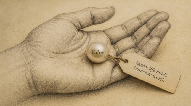 Pencil sketch of an open human palm holding a white pearl engraved with the word Value and an attached tag reading Every life holds immense worth on a textured tan background.