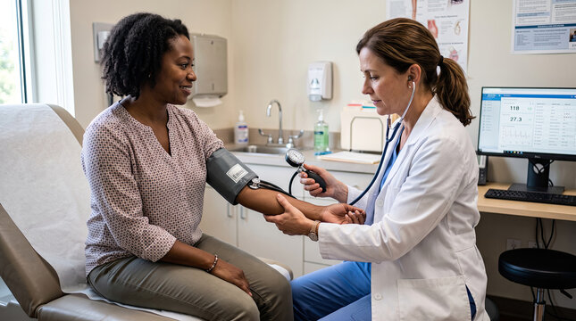 Friendly female doctor measuring blood pressure of smiling patient in medical clinic