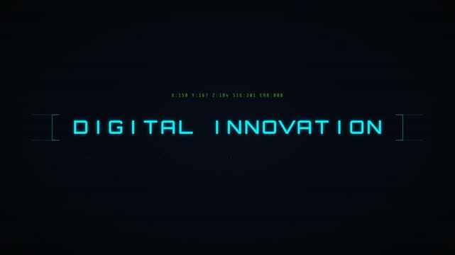 Digital Innovation Futuristic Kinetic Typography With Neon Cyan Glow And Sci Fi UI Elements On Dark Blue Background