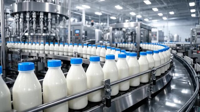 Modern Dairy Processing Factory Produces Bottled Milk Along Automated Production Lines Efficiently