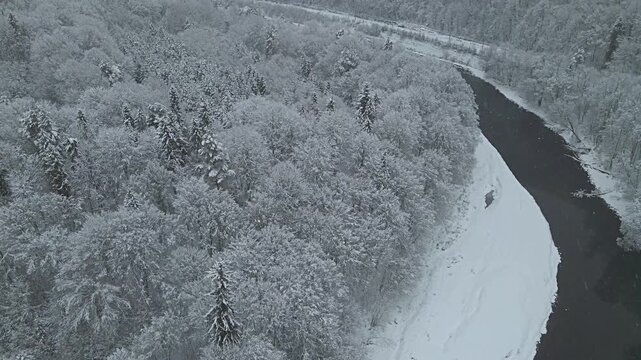 Aerial view of the Poprad Landscape Park in Beskid Sadecki on a snowy winter day