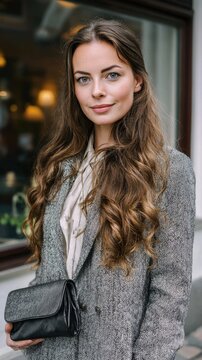 Young caucasian female in stylish coat outside caf&eacute;