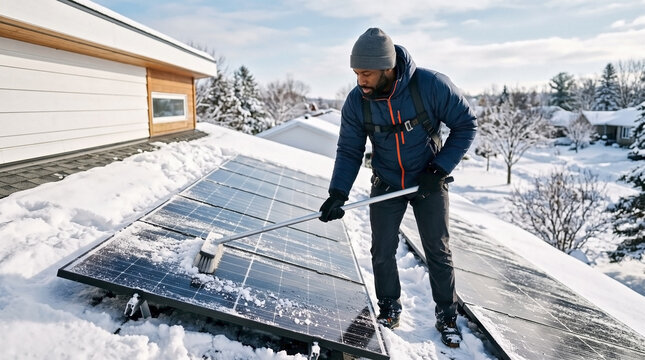 Black male homeowner clearing heavy snow from rooftop solar panels on residential roof. Man sweeping fresh winter snow off rooftop solar panels to maintain optimal energy production.