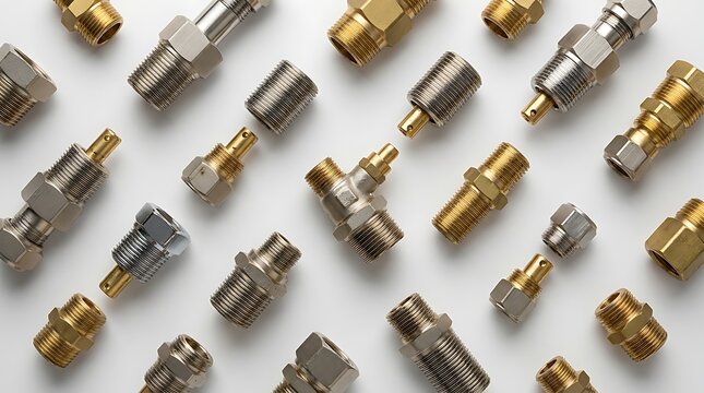Flat lay of assorted brass and steel plumbing fittings and connectors on a white background