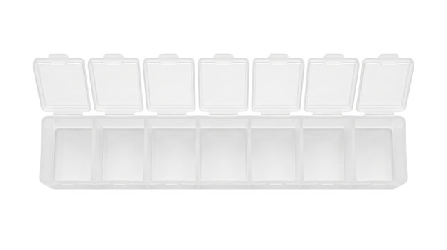 Transparent plastic pill box with seven compartments, empty weekly medicine organizer with open lids, clear daily supplement storage container