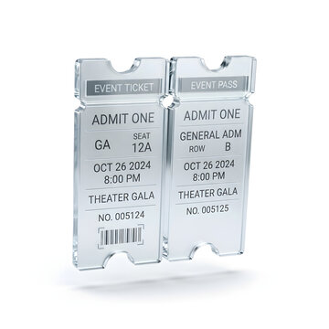 Pair of semi-transparent theater event tickets for a gala with admit one ticket stub glass material event pass general admission ticket design entry pass