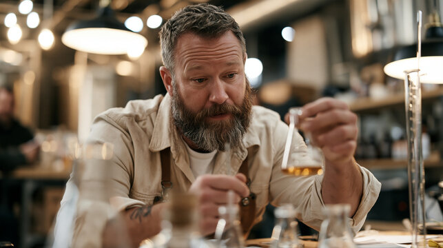 a bearded man hosting a small national lager day homebrew tasting in a basement brewery setup in december, hydrometer and bottles in view, craft brewing hobby, beer enthusiast