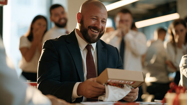 A sharp-suited Hungarian man at a holiday office party dramatically unwrapping a hideous gift box to reveal a novelty singing fish in front of cheering coworkers, the white
