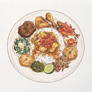 Nasi Rames Indonesian Food Colored Pencil Rough Hand Drawn