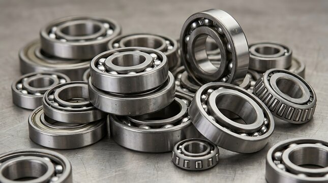 Professional macro shot of assorted precision metal ball bearings and industrial hardware parts