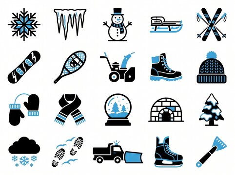 winter season outdoor activities and weather vector icon set in black and blue colors.