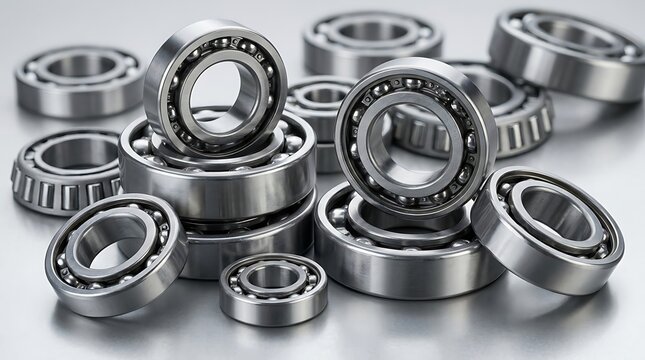 Industrial steel ball bearings and roller bearings collection arranged on a metallic surface for manufacturing and mechanical engineering concepts