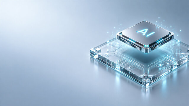 Futuristic next generation AI semiconductor floating above a sleek transparent circuit platform