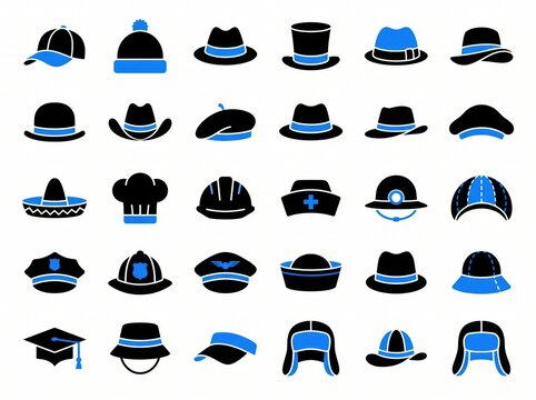 Comprehensive collection of hat icons in black and blue style.