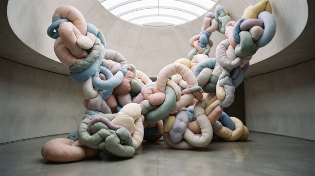Large abstract textile sculpture made of soft pastel fabric tubes in a gallery