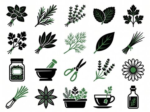 Culinary herbs and garden plants in black and green line icon set for cooking and organic food ingredient reference.
