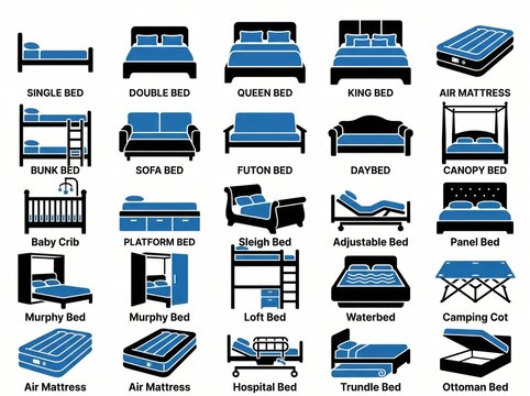 Detailed bed type icons with blue accents for bedroom interior planning and furniture.
