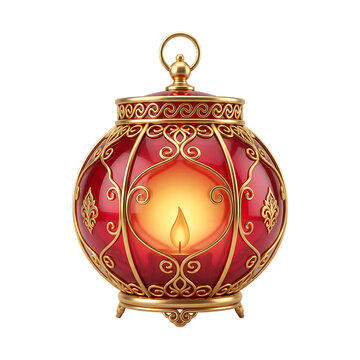 Ornate oriental lantern with red glass and intricate golden filigree