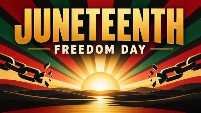 Juneteenth Freedom Day celebration poster with broken chains and sunrise in Pan African colors