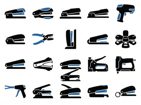 Office stapler and hole punch equipment icons in black and blue for stationary and business use.