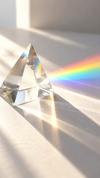 Crystal prism casts a rainbow spectrum across a sunlit surface. Refraction creates geometric light and shadows. The image conveys optics, science, and creative energy.