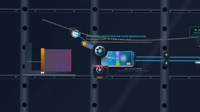 2D motion graphics illustrating a continuous friction sorting architecture in an ATM, featuring a counter-rotating retard separator, laser profiler, and high-speed diverter gate