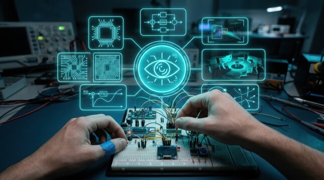 Close up of hands working on a breadboard microcontroller circuit with a futuristic glowing cyan holographic AI and electronics interface overlay in a dark lab