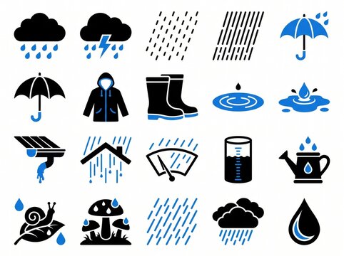 Set of blue and black weather icons, representing rain and water elements for meteorological forecasts.