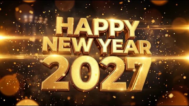 Extruded golden 'HAPPY NEW YEAR 2027' text with cinematic light streaks with rich shadow backdrop with b_prob4.mp4, cinematic visual effect for premiu