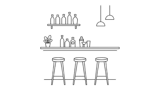 A minimalist line drawing depicts a bar counter with stools and bottles glasses shelves lineart linework outline sketch blackline