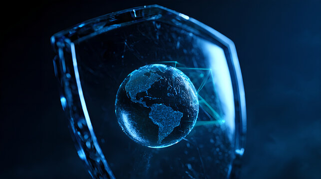 Digital globe protected by a glowing cyber security shield representing global data protection and network safety