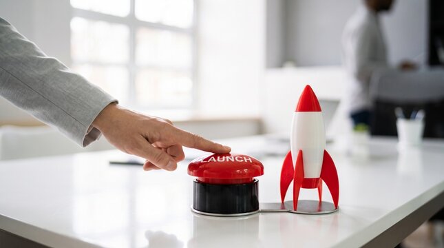 commercial business photography of a professional entrepreneur sitting at a modern office desk, pressing a large red launch button with one finger while a bright red and white miniature rocket launch 