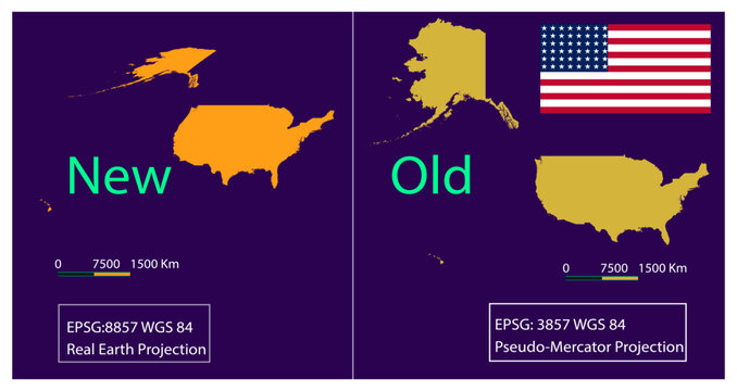 Equal Earth vs Mercator World Map Projection Comparison between European Countries for USA