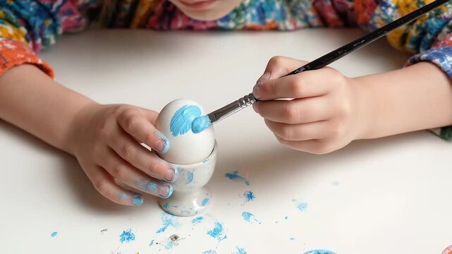 Child painting a white egg with blue color, showing the step-by-step process of handmade Easter craft and creative holiday decoration